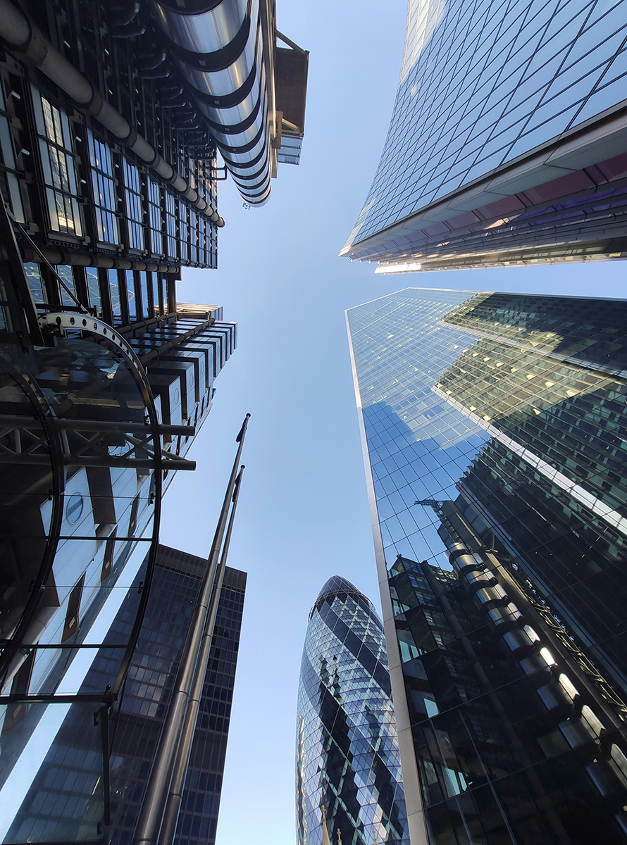City of London skyscrapers seen looking up, including the Gherkin and Lloyd's building