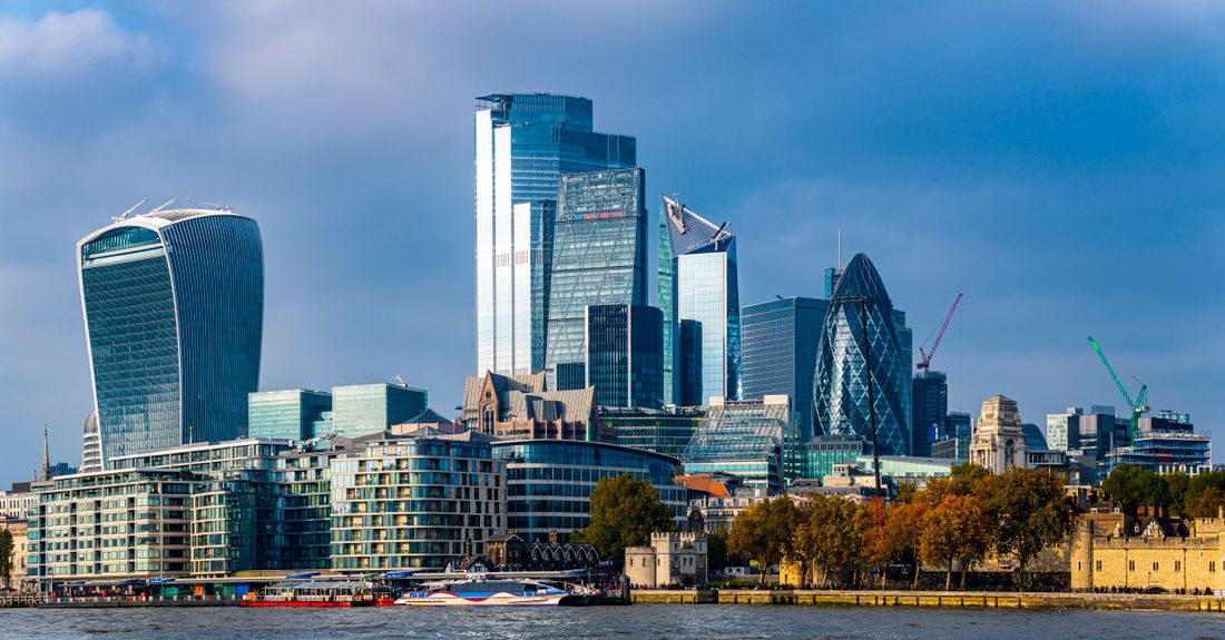 The London skyline with City skyscrapers along the River Thames